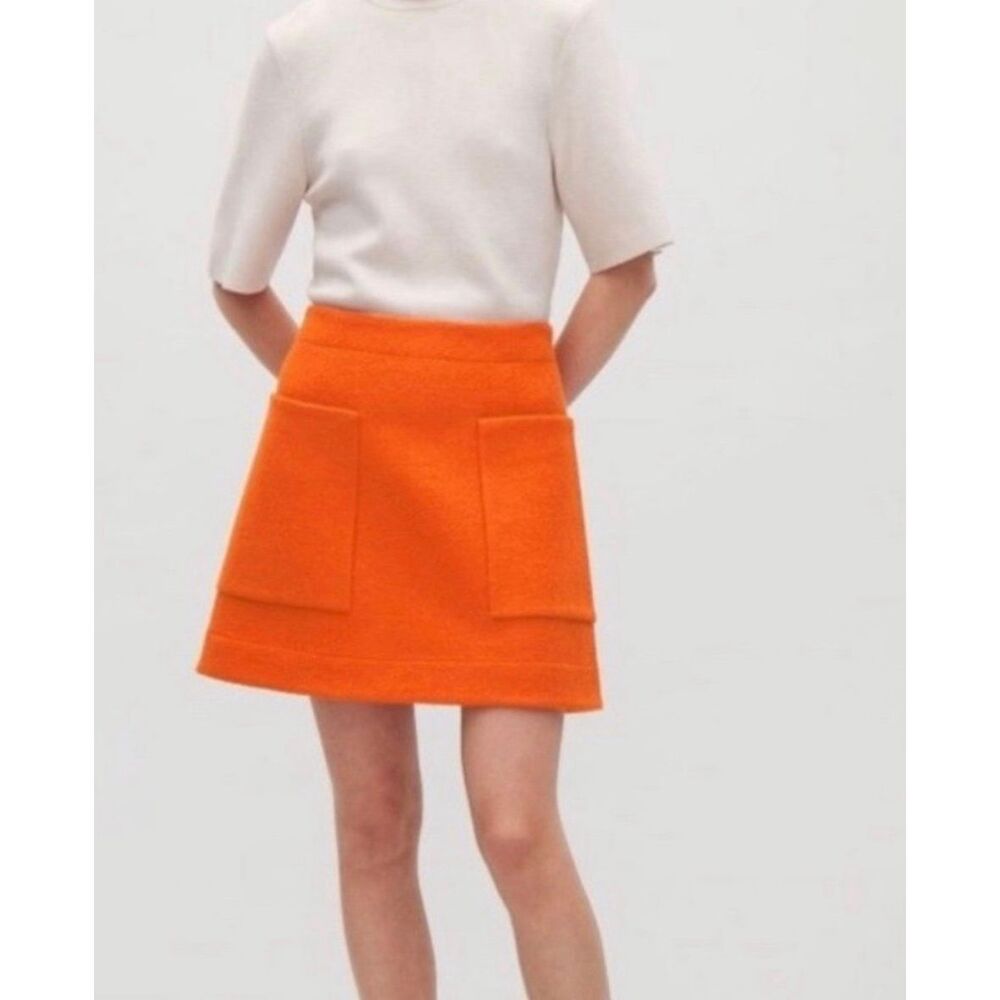 COS 4(36) vibrant orange A-line 100% wool mini skirt lined large pockets 70’s